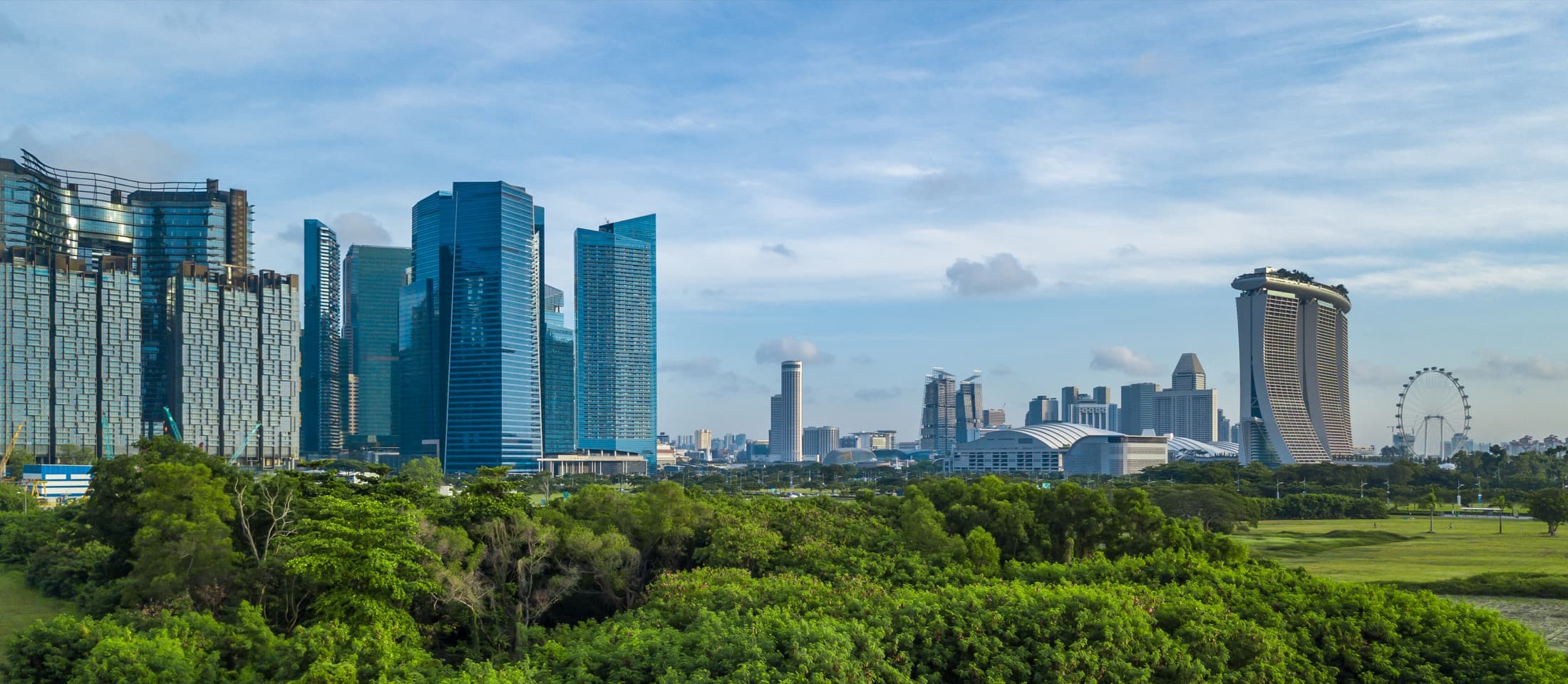 City skyline over green parkland